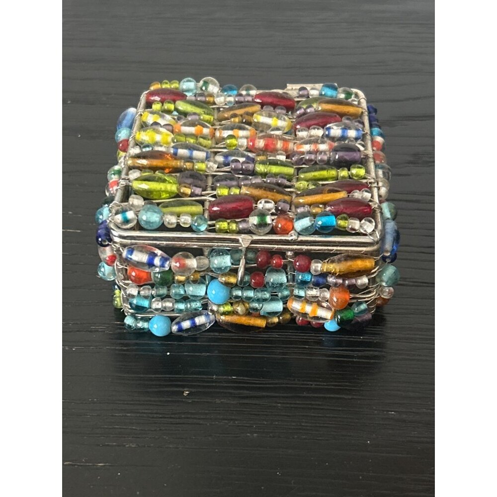 Handcrafted Glass Beaded Trinket Box Multicolored Glass Beads Hinged Lid BOHO